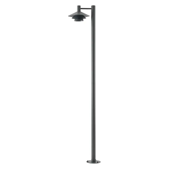 Lucande LED Gartenlaterne für draußen in anthrazit, weiß, Mastleuchte -  - Graue Metall-Mastleuchte mit mehrschichtigem, konischem Schirm auf hohem Mast für Außenbeleuchtung.