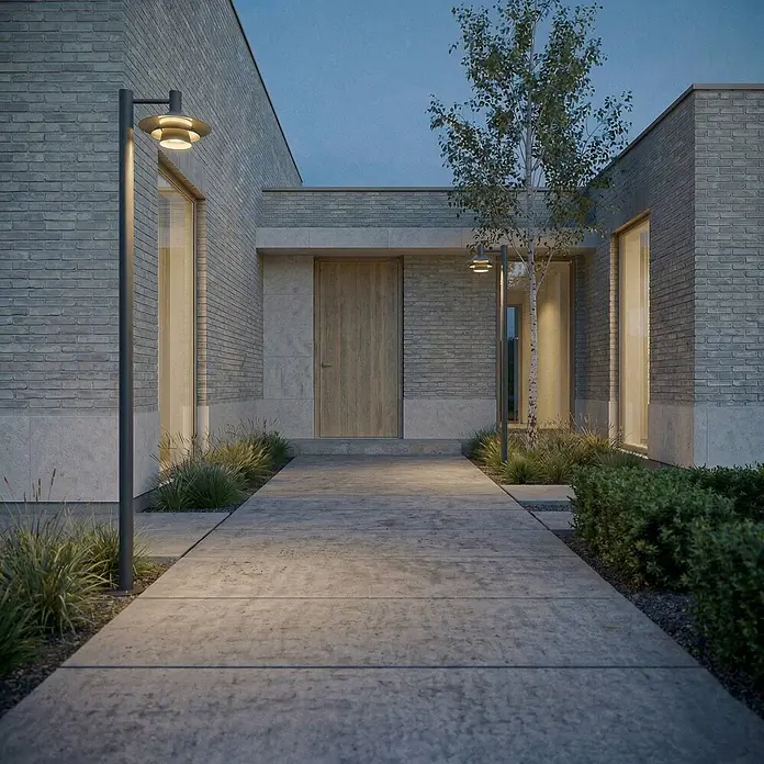 Lucande LED Gartenlaterne für draußen in anthrazit, weiß, Mastleuchte -  - Moderne dunkelgraue Außenlampe mit geschichtetem, kreisförmigem Schirm, die einen Betonweg zu einem Gebäudeeingang in der Dämmerung beleuchtet.