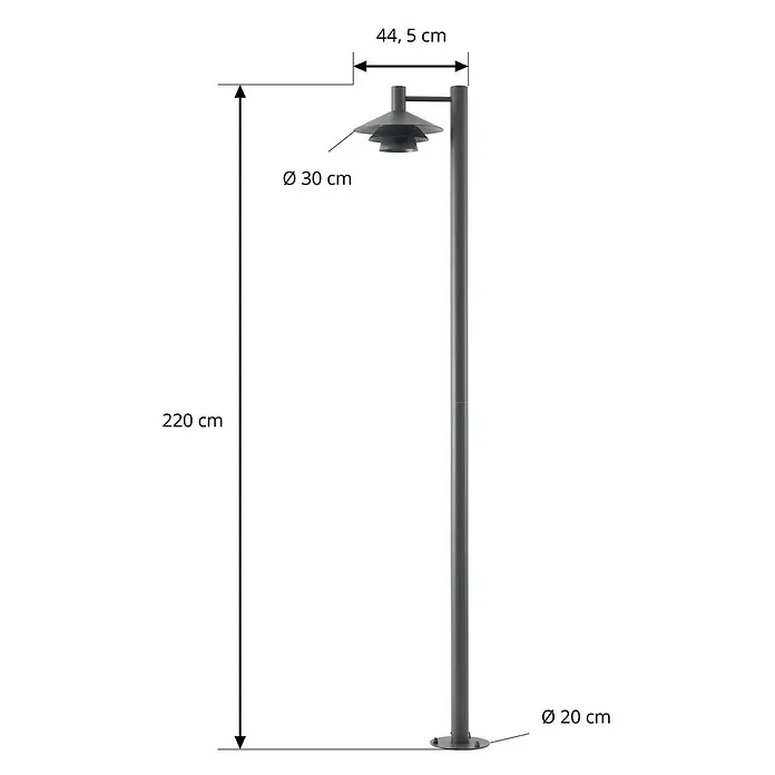 Lucande LED Gartenlaterne für draußen in anthrazit, weiß, Mastleuchte -  - Hohe graue Stehleuchte mit mehrstufigem Schirm, 220 cm hoch und 30 cm Schirmdurchmesser.