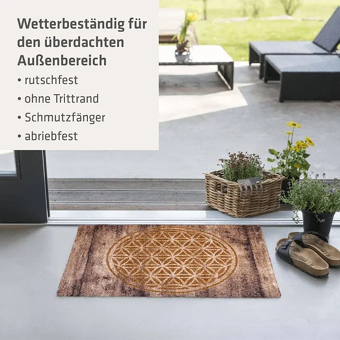 Akzente Fußmatte Listen - Mehrfarbig, Motiv / Muster - Braune Fußmatte mit geometrischem „Blume des Lebens“-Muster am Außeneingang.