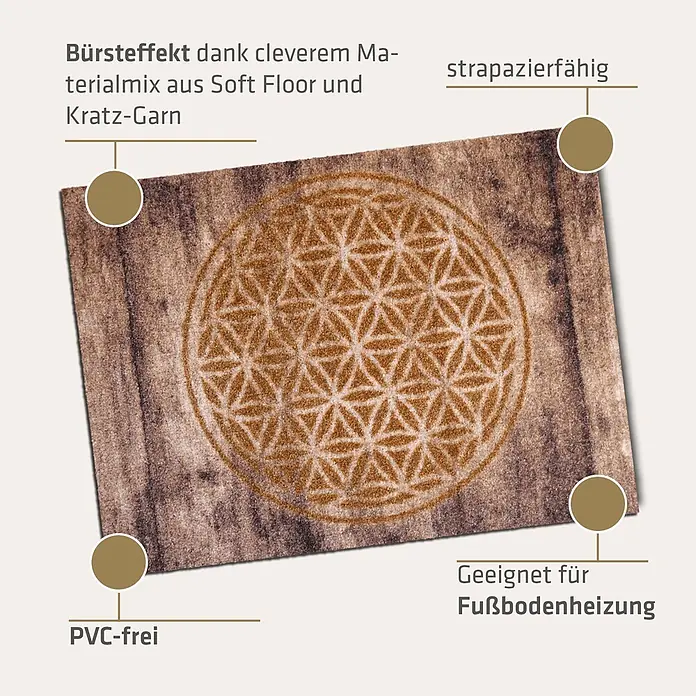 Akzente Fußmatte Listen - Mehrfarbig, Motiv / Muster - Rechteckige braun-beige Fußmatte mit strukturierter Oberfläche und prominentem kreisförmigem "Blume des Lebens"-Muster.