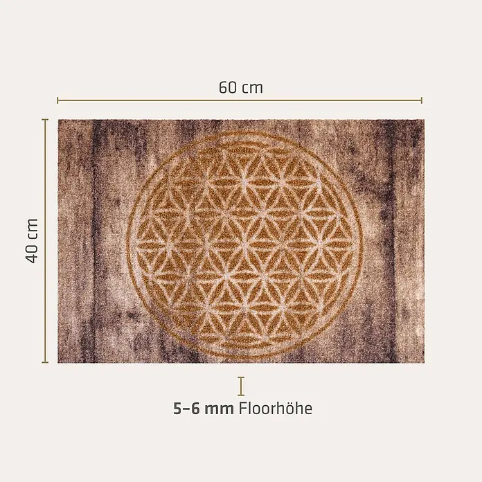 Akzente Fußmatte Listen - Mehrfarbig, Motiv / Muster - Rechteckiger braun-beiger Teppich mit goldener 'Blume des Lebens'-Design, 60x40 cm, 5-6 mm Floorhöhe.