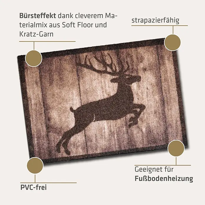 Akzente Fußmatte Listen - Mehrfarbig, Motiv / Muster|Tiere - Braune Fußmatte mit Hirschmotiv, strapazierfähig und PVC-frei.