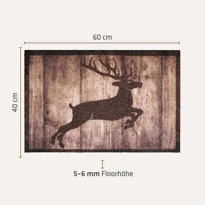 Akzente Fußmatte Listen - Mehrfarbig, Motiv / Muster|Tiere - Braune Matte mit springender Hirsch-Silhouette auf Holzoptik, 60x40 cm, 5-6 mm Florhöhe.
