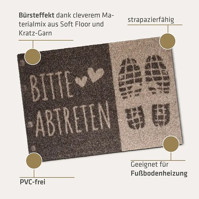 Akzente Fußmatte Listen - 60 x 40 cm, Mehrfarbig, Motiv / Muster|Schriftzug - Strapazierfähige braun-beige Fußmatte mit "BITTE ABTRETEN" und Schuhabdrücken, Bürsteffekt, PVC-frei und für Fußbodenheizung geeignet.