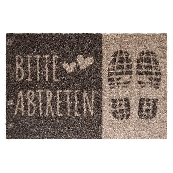 Akzente Fußmatte Listen - 60 x 40 cm, Mehrfarbig, Motiv / Muster|Schriftzug - Braune Fußmatte mit 'Bitte Abtreten' Text, Herzen und Schuhabdrücken.