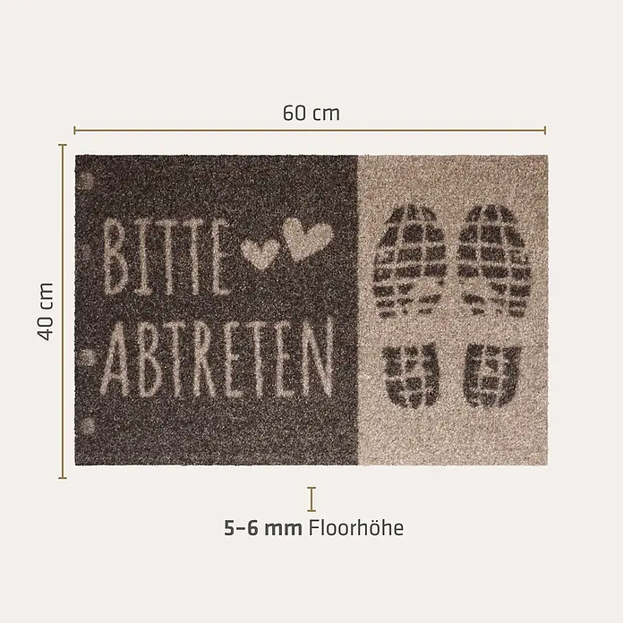 Akzente Fußmatte Listen - 60 x 40 cm, Mehrfarbig, Motiv / Muster|Schriftzug - Zweifarbige Fußmatte, 60x40 cm, mit „BITTE ABTRETEN“ und Herzen auf dunkler Seite, Fußabdrücken auf heller Seite. 5-6 mm Florhöhe.