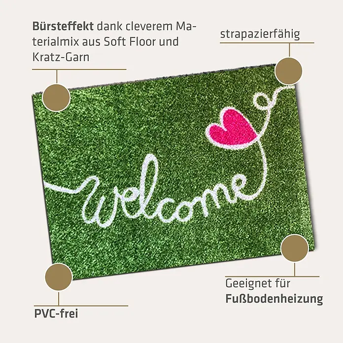 Akzente Fußmatte Listen - 70 x 50 cm, Mehrfarbig, Motiv / Muster|Schriftzug - Grüne Fußmatte mit „Welcome“-Schriftzug und rosa Herz. Strapazierfähig, PVC-frei, fußbodenheizungsgeeignet.