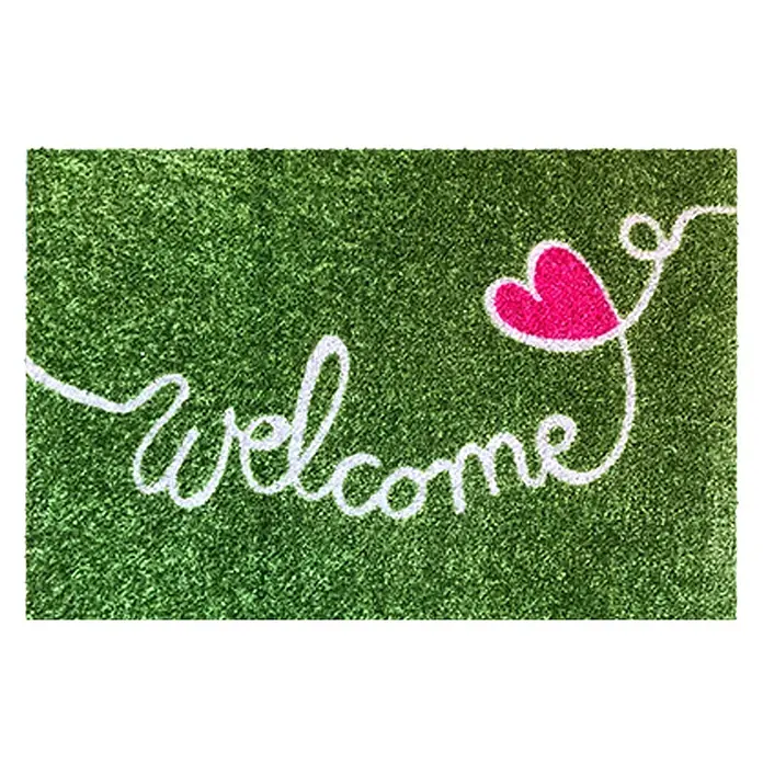 Akzente Fußmatte Listen - 70 x 50 cm, Mehrfarbig, Motiv / Muster|Schriftzug - Grüne Fußmatte mit „welcome“ in weißer Schrift und einem rosa Herz.