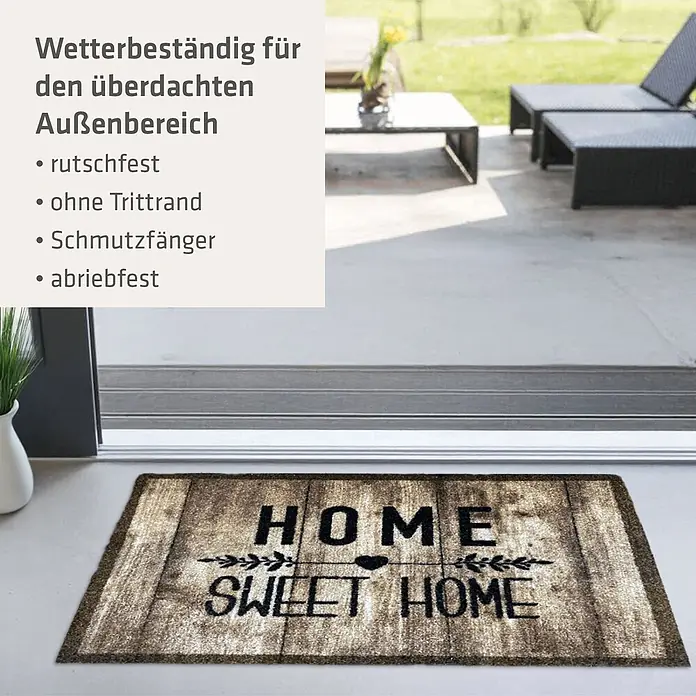 Akzente Fußmatte Listen - Mehrfarbig, Schriftzug - Braune Fußmatte in Holzoptik mit "HOME SWEET HOME" Text, ideal für überdachte Außenbereiche.