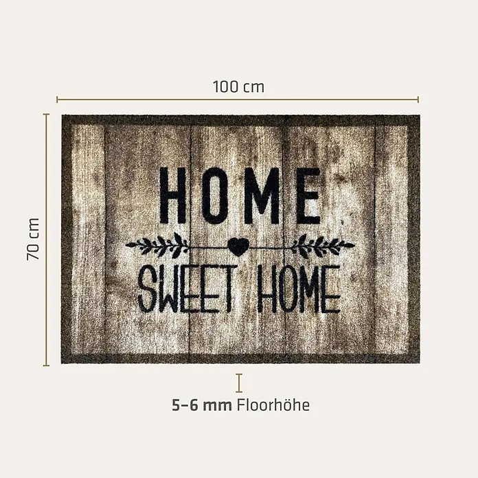 Akzente Fußmatte Listen - Mehrfarbig, Schriftzug - Braune Fußmatte mit Holzoptik, 100x70 cm, Text "HOME SWEET HOME", 5-6 mm Florhöhe.
