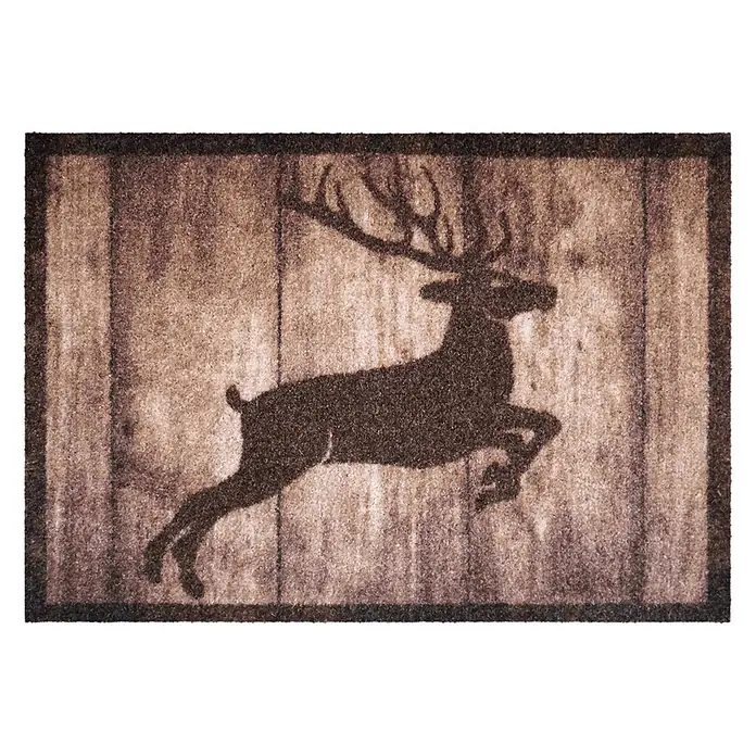 Akzente Fußmatte Listen - Mehrfarbig, Motiv / Muster|Tiere - Braune Fußmatte mit dunkler Silhouette eines springenden Hirsches und rustikalem Holzplankendesign.