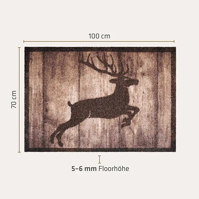 Akzente Fußmatte Listen - Mehrfarbig, Motiv / Muster|Tiere - Braune Fußmatte, 100x70 cm, mit Hirschsilhouette auf Holzoptik, 5-6 mm Florhöhe.