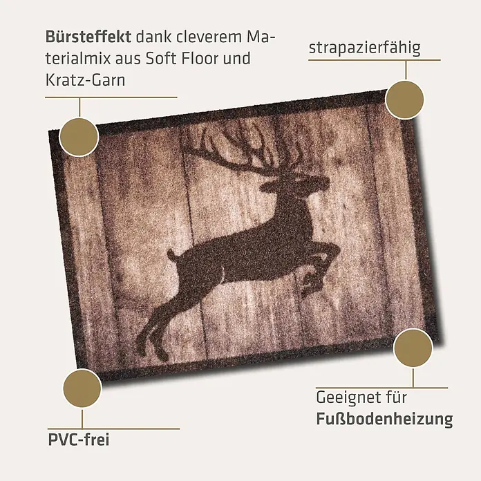Akzente Fußmatte Listen - Mehrfarbig, Motiv / Muster|Tiere - Strapazierfähige, PVC-freie Fußmatte mit Bürsteffekt und springender Hirschsilhouette. Für Fußbodenheizung geeignet.