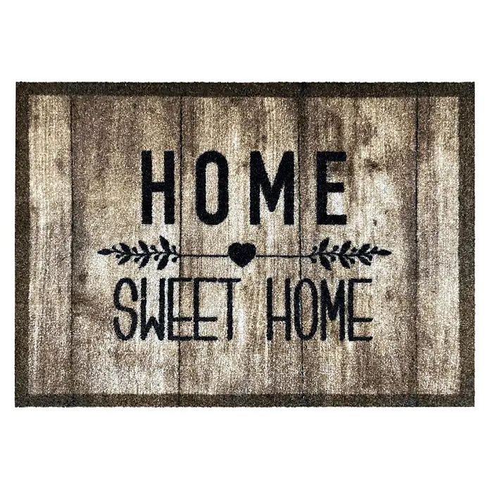 Akzente Fußmatte Listen - 70 x 50 cm, Mehrfarbig, Schriftzug - Braune Fußmatte mit rustikalem Holzplanken-Design und schwarzem „HOME SWEET HOME“-Text.