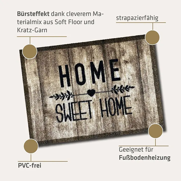 Akzente Fußmatte Listen - 70 x 50 cm, Mehrfarbig, Schriftzug - Fußmatte mit "HOME SWEET HOME" Schriftzug auf Holzoptik-Hintergrund, texturiert und strapazierfähig.