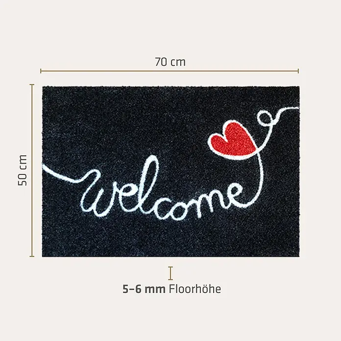 Akzente Fußmatte Listen - 70 x 50 cm, Mehrfarbig, Motiv / Muster|Schriftzug - Schwarze Fußmatte mit weißem „welcome“-Schriftzug und rotem Herz. Maße 70x50 cm, 5-6 mm hoch.
