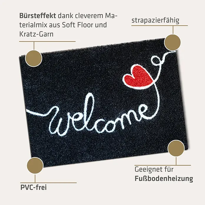 Akzente Fußmatte Listen - 70 x 50 cm, Mehrfarbig, Motiv / Muster|Schriftzug - Schwarze Fußmatte mit weißem „welcome“-Schriftzug und rotem Herz. Bürsteffekt, strapazierfähig, PVC-frei und für Fußbodenheizung geeignet.