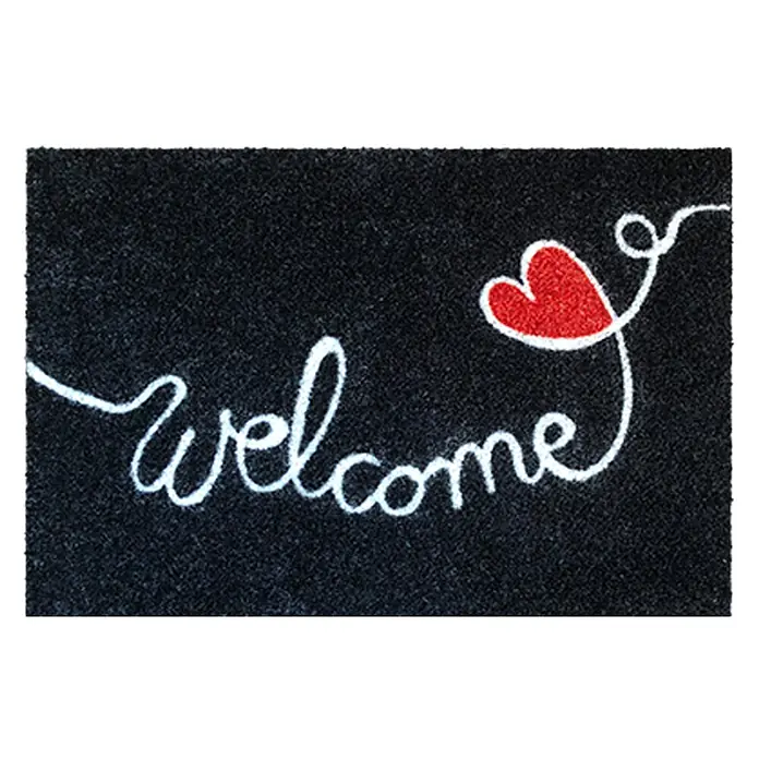 Akzente Fußmatte Listen - 70 x 50 cm, Mehrfarbig, Motiv / Muster|Schriftzug - Schwarze Fußmatte mit weißem ‚welcome‘-Schriftzug in Kursivschrift und einem roten Herz.