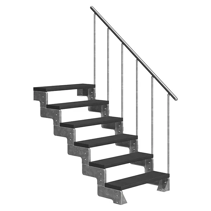 Dolle Außentreppe Gardentop - Trimaxstufen, Anthrazit, Feuerverzinkte Geländerstäbe, Breite: 100 cm, Anzahl Stufen: 6 Stk., Geschosshöhe: 108 cm - 132 cm - Bild einer Außentreppe mit feuerverzinkter Stahlkonstruktion und einem stabilen Geländer für den sicheren Aufstieg im Außenbereich.
