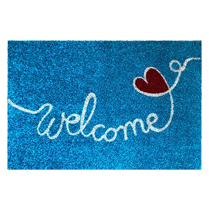 Akzente Fußmatte Listen - Mehrfarbig, Motiv / Muster|Schriftzug - Blaue Fußmatte mit weißem „Welcome“-Schriftzug und rotem Herz.