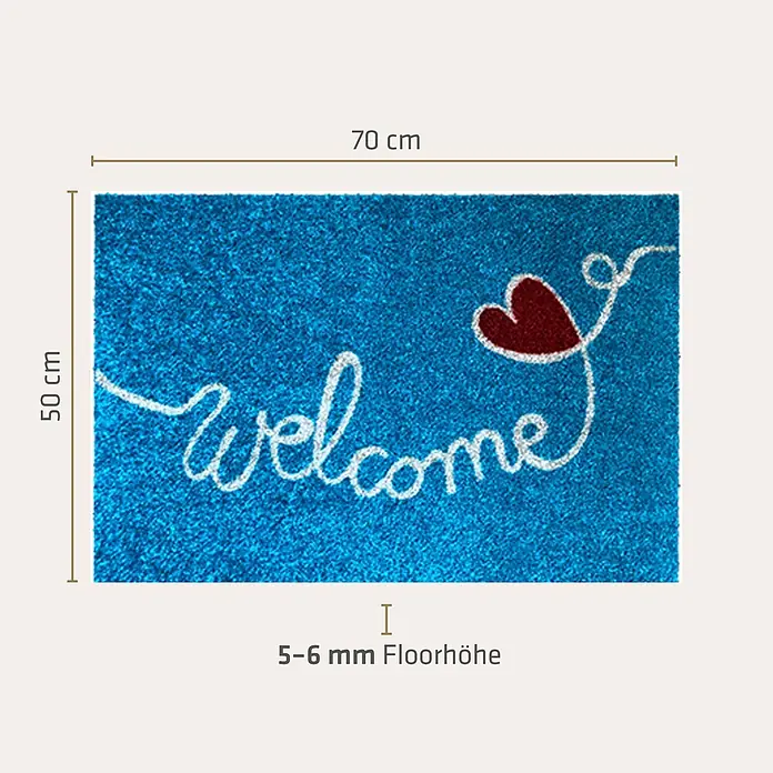 Akzente Fußmatte Listen - Mehrfarbig, Motiv / Muster|Schriftzug - Blaue Fußmatte, 70x50 cm, mit 'Welcome' und rotem Herz. 5-6 mm Florhöhe.