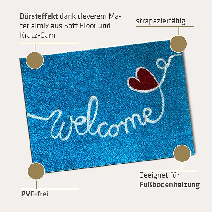 Akzente Fußmatte Listen - Mehrfarbig, Motiv / Muster|Schriftzug - Blaue Fußmatte mit weißem "welcome"-Schriftzug und kleinem rotem Herz.