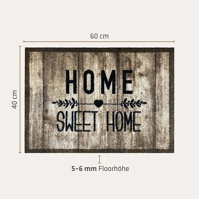 Akzente Fußmatte Listen - Mehrfarbig, Schriftzug - Rechteckige Fußmatte in Holzplankenoptik mit schwarzem 'HOME SWEET HOME'-Text, Maße 60x40 cm, 5-6mm Florhöhe.
