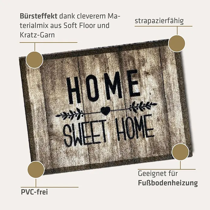 Akzente Fußmatte Listen - Mehrfarbig, Schriftzug - Braune Holzoptik-Fußmatte mit "HOME SWEET HOME"-Aufschrift. Robust, PVC-frei, für Fußbodenheizung.