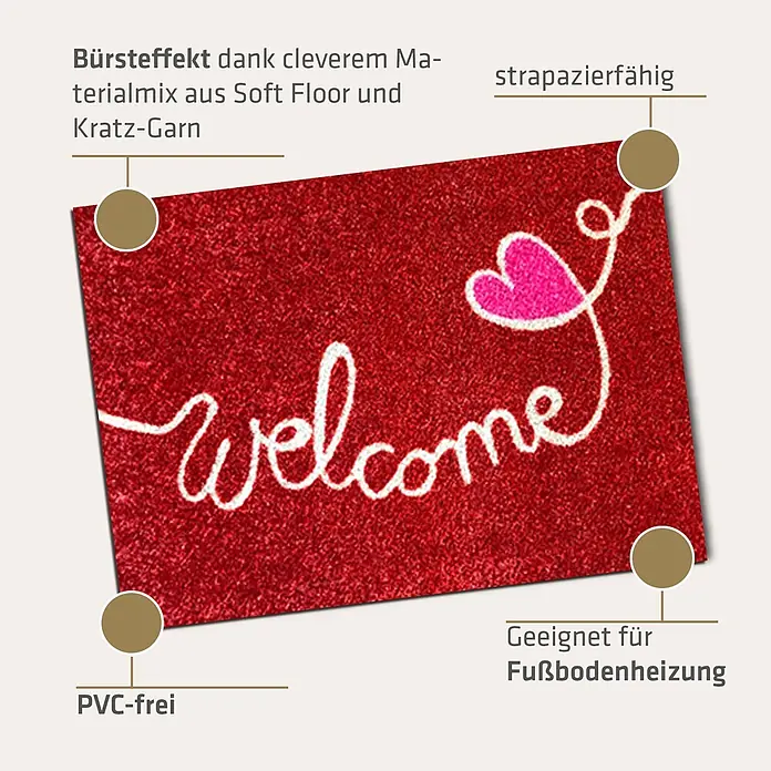 Akzente Fußmatte Listen - Mehrfarbig, Motiv / Muster|Schriftzug - Rote Fußmatte mit weißem „welcome“-Schriftzug und rosa Herz. Bürsteffekt, strapazierfähig, PVC-frei und für Fußbodenheizung geeignet.