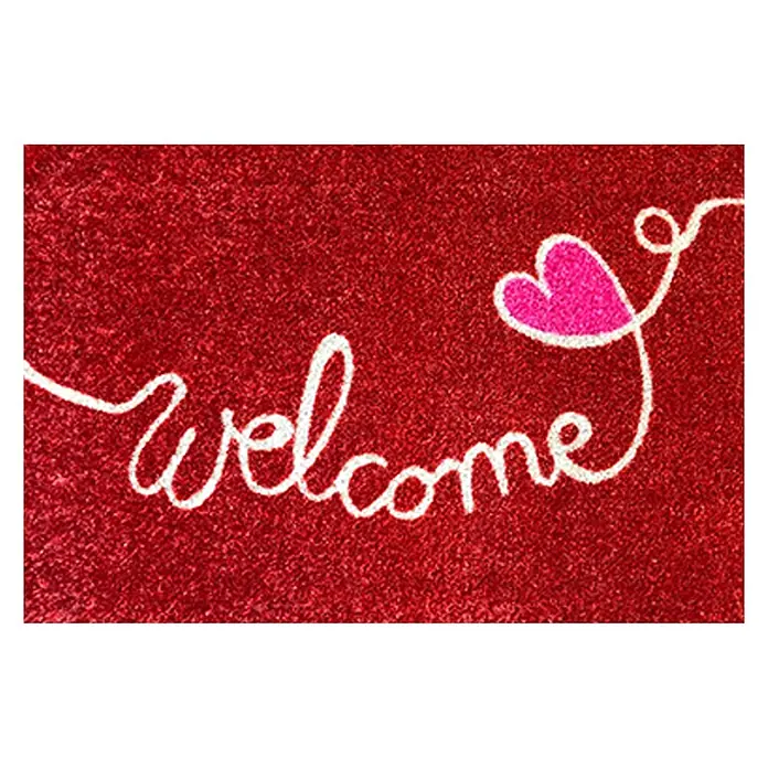Akzente Fußmatte Listen - Mehrfarbig, Motiv / Muster|Schriftzug - Rote Glitzer-Fußmatte mit weißem „welcome“-Schriftzug und rosa Herz.