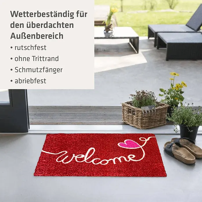 Akzente Fußmatte Listen - Mehrfarbig, Motiv / Muster|Schriftzug - Rote Fußmatte mit „Welcome“-Schriftzug und Herz, wetterbeständig und rutschfest für den überdachten Außenbereich.