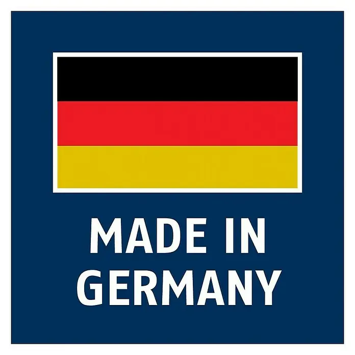 Abus Rauchwarn- & Hitzemelder RWM 250 - Einsatzbereich: Küche, Batterielaufzeit: 12 Jahre, Alarmsignal: 88 dB - Hergestellt in Deutschland: Das Bild zeigt die deutsche Flagge über dem Schriftzug "MADE IN GERMANY".