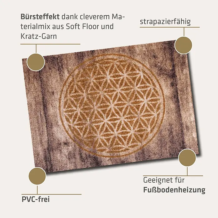 Akzente Fußmatte Listen - Mehrfarbig, Motiv / Muster - Braune Matte mit Lebensblume-Muster, strapazierfähig, PVC-frei und für Fußbodenheizung geeignet.