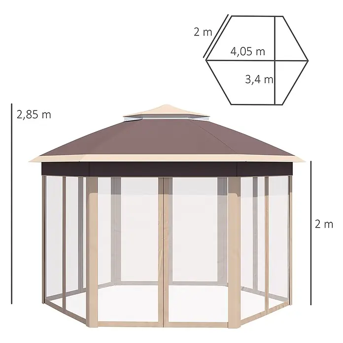 Outsunny Faltpavillon - Farbe Dach: Braun - Braunes sechseckiges Pavillon mit hellbeigem Gestell und Netzen, 2,85m hoch und 4,05m breit.