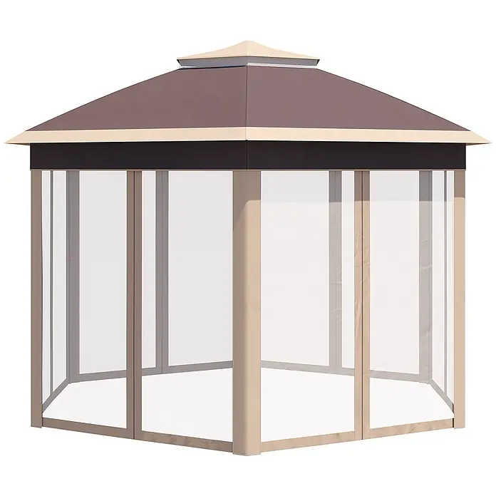 Outsunny Faltpavillon - Farbe Dach: Braun - Braunes und beiges Outdoor-Pavillon mit weißen Netzseiten und gestuftem Dach.