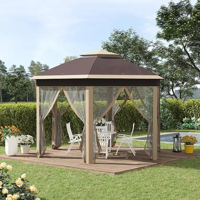 Outsunny Faltpavillon - Farbe Dach: Braun - Braun-beiges Pavillon mit Netzvorhängen auf einer Holzterrasse im Garten, bietet einen schattigen Sitzbereich mit Tisch und Stühlen.
