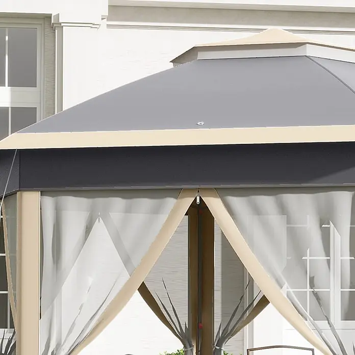 Outsunny Faltpavillon - Farbe Dach: Braun - Grauer Hardtop-Pavillon mit beiger Verkleidung und weißen Moskitonetzen für den Außenbereich.