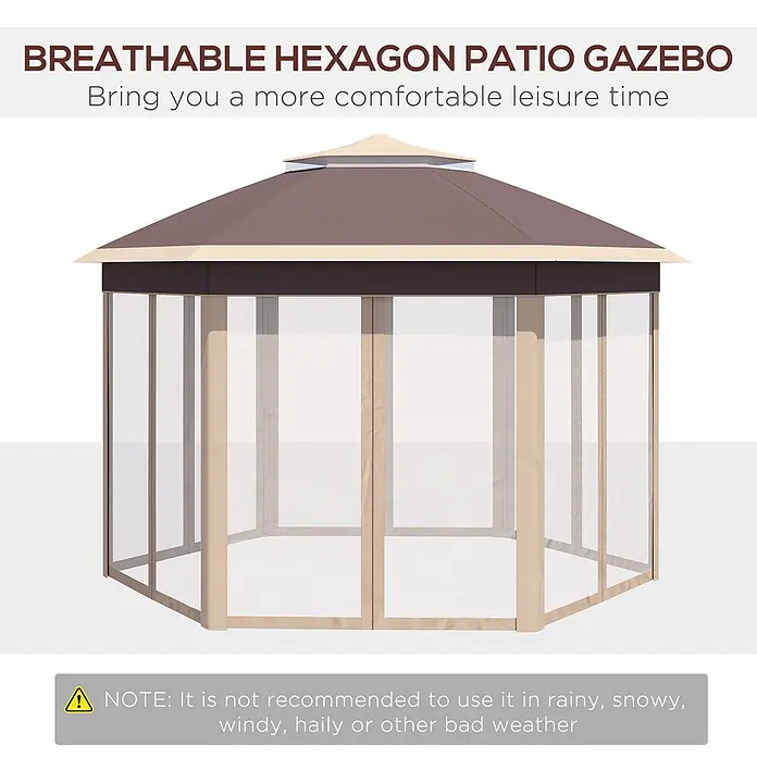 Outsunny Faltpavillon - Farbe Dach: Braun - Sechseckiger Terrassenpavillon mit braunem Dach und atmungsaktiven beigefarbenen Netzvorhängen für entspannte Freizeit im Freien.