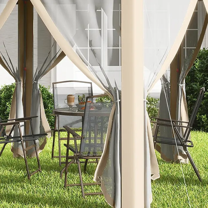 Outsunny Faltpavillon - Farbe Dach: Braun - Beiges Pavillon mit durchsichtigen Netzwänden, die einen Esstisch umschließen.