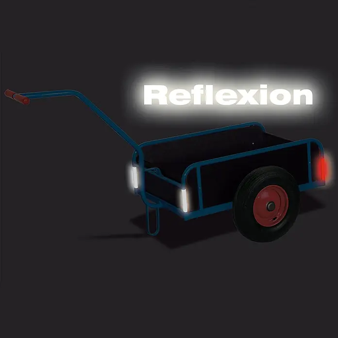 Variofit Bollerwagen Leichter Handwagen mit Bordwand und Luftbereifung 690x425mm -  - Dunkelblauer Handwagen mit schwarzer Ladefläche, rotem Rad und leuchtenden reflektierenden weißen Seiten- und roten Heckstreifen.
