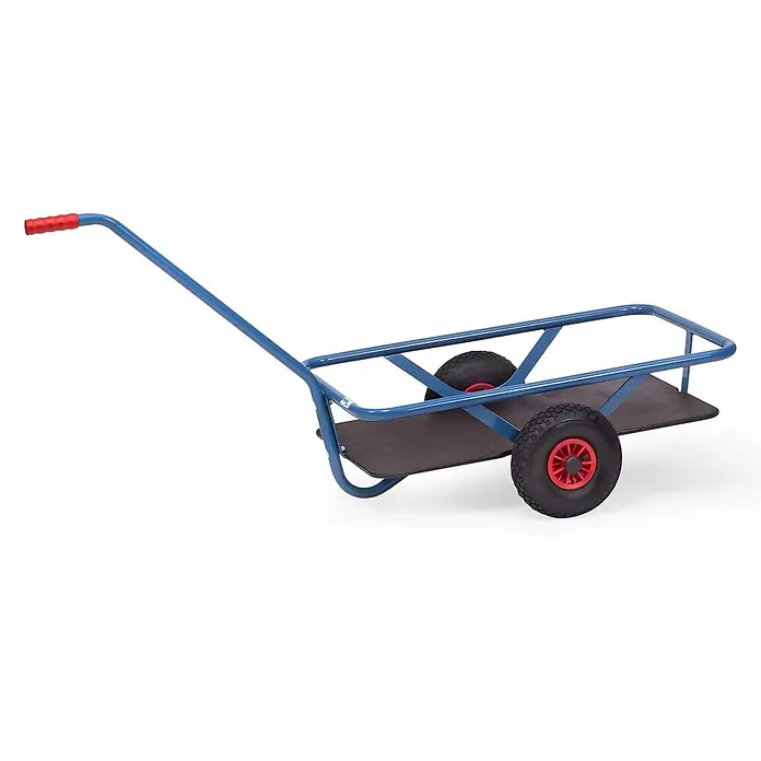 Fetra Bollerwagen Handwagen 850x525mm Boden mit Luftbereifung - L x B x H: 156,6 cm x 68,2 cm x 0,01 m - Blauer Handwagen mit rotem Griff und Rädern, mit schwarzer Ladefläche zum Transport von Gütern.