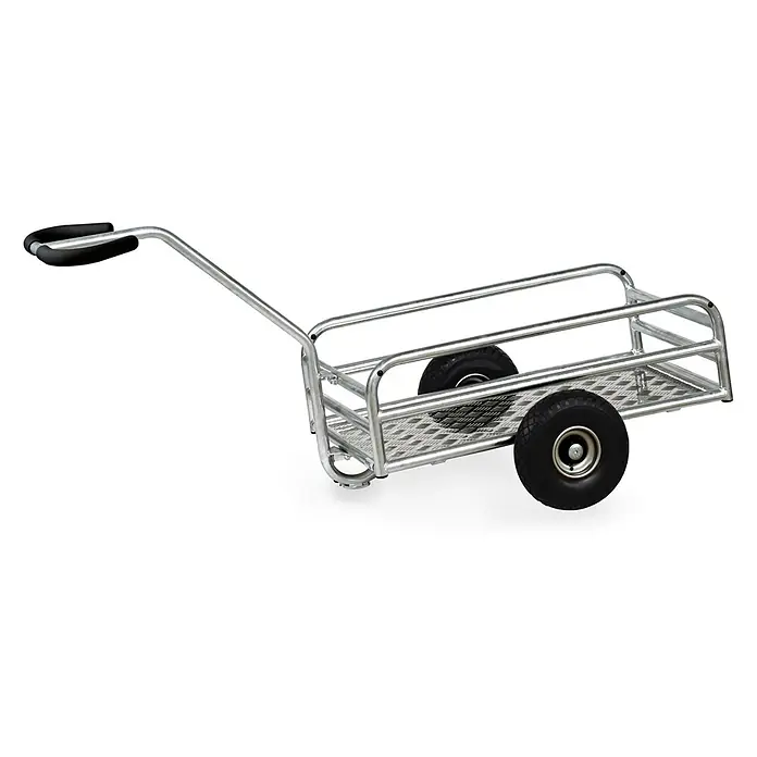 Fetra Bollerwagen - L x B x H: 175,5 cm x 84 cm x 0,01 m - Transportwagen aus silbernem Metall mit Riffelblechboden, schwarzem Polstergriff und schwarzen Luftreifen.