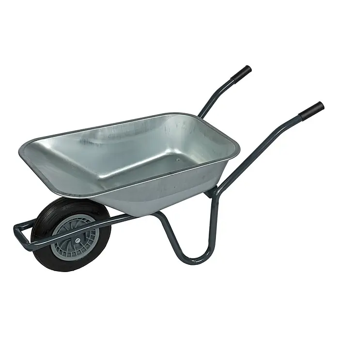 Pro-Bau-Tec Bollerwagen Verzinkte Stahl Gartenschubkarre 85L Tiefbettmulde Tragkraft 120kg - L x B x H: 140 cm x 58,3 cm x 0,59 m - Verzinkte Metallschubkarre mit dunkelgrauem Rahmen, schwarzen Griffen und schwarzem Rad.