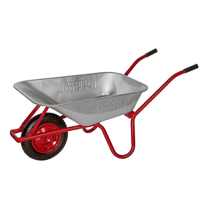 Pro-Bau-Tec Bollerwagen Gartenschubkarre 85L "Basis" Tragkraft 120kg - L x B x H: 1,34 cm x 0,57 cm x 0,62 m - Silberne Metallschubkarre mit rotem Rahmen, rotem Rad und schwarzen Griffen, "BASIS 85 L" auf der Wanne.