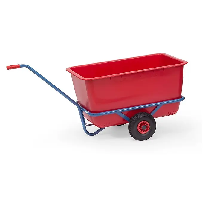 Fetra Bollerwagen Handwagen mit Luftbereifung und Kunststoffmulde 910x585mm - L x B x H: 152,6 cm x 68,2 cm x 0,01 m - Rote Kunststoff-Schubkarre mit blauem Metallrahmen und einem schwarzen Rad.