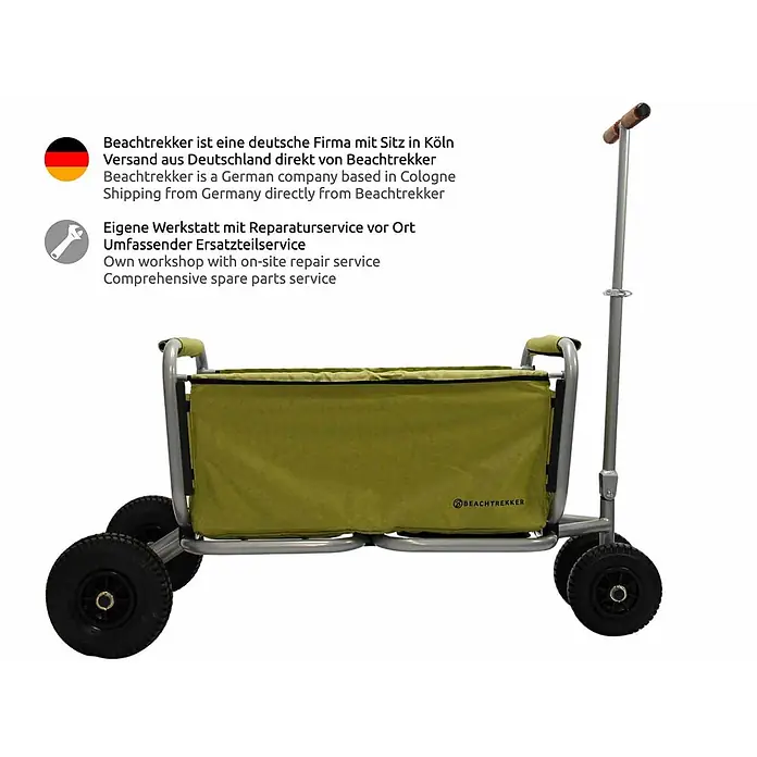 Beachtrekker Bollerwagen faltbarer Bollerwagen Life mit integrierter Feststellbremse Oliv und Luftre - Kunststoff - Olivgrüner Stoffwagen mit silbernem Gestell, großen schwarzen Rädern und braunem Griff.