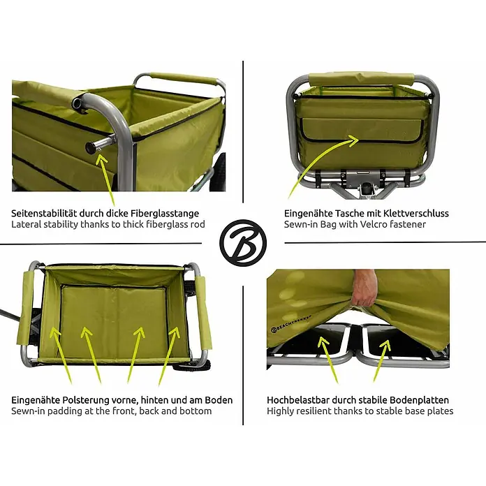 Beachtrekker Bollerwagen faltbarer Bollerwagen Life mit integrierter Feststellbremse Oliv und Luftre - Kunststoff - Grüner faltbarer Bollerwagen mit Funktionen wie Fiberglasstange für Stabilität, gepolstertem Innenraum und stabilen Bodenplatten.