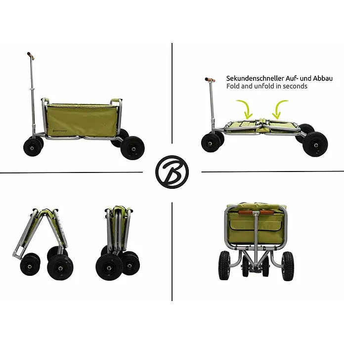 Beachtrekker Bollerwagen faltbarer Bollerwagen Life mit integrierter Feststellbremse Oliv und Luftre - Kunststoff - Grüner faltbarer Bollerwagen mit silbernem Gestell und schwarzen Rädern, geöffnet und in verschiedenen Klappstadien gezeigt.
