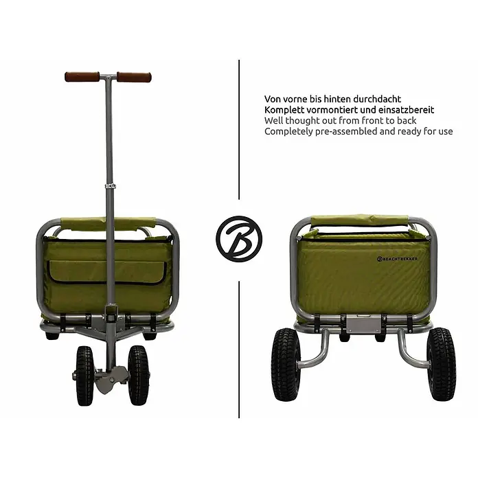 Beachtrekker Bollerwagen faltbarer Bollerwagen Life mit integrierter Feststellbremse Oliv und Luftre - Kunststoff - Grüner Strandwagen mit grauem Gestell, von vorne und hinten gezeigt, fertig montiert.